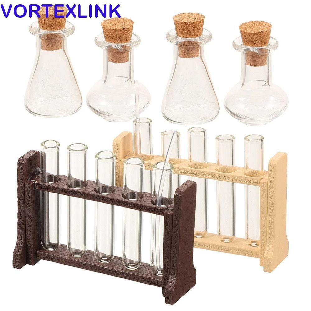 VORTEXLINK Dollhouse Mini Glass Test Tube Set, 1:12 Dollhouse With Wooden Rack Simulation Glass Test