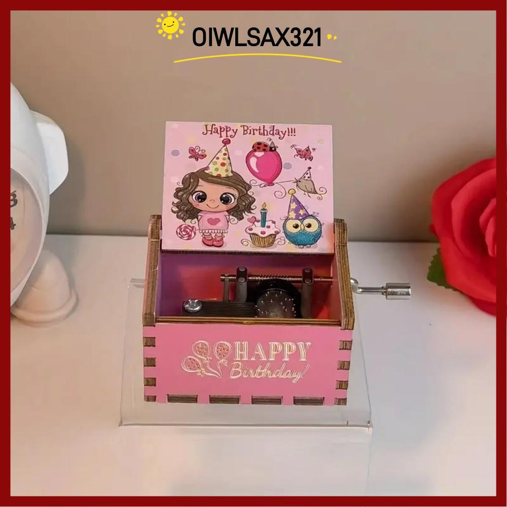 OIWLSAX321 กล่องดนตรีไม้,สุขสันต์วันเกิดสีชมพูแกะสลักกล่องดนตรี,สร้างสรรค์คลาสสิกมือหมุนแสงหรูหราของ