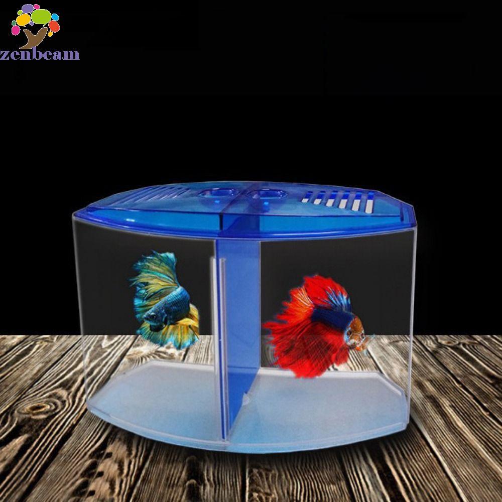 ZENBEAM ตู้ปลาปลากัด, พร้อมหญ้าน้ําพลาสติก Double-Grid Betta Isolation Box เดี่ยว/คู่ตารางโปร่งใสปลา Breeding Isolation Box Aquarium