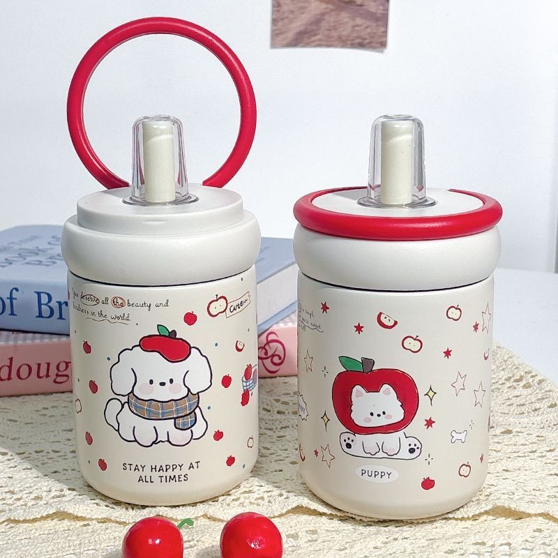 แก้วเก็บความเย็นลายสุนัข 500ml สแตนเลส 316 มีหลอดดูด กระติกน้ำร้อนพกพา น่ารักสไตล์เกาหลี เหมาะกับนักเรียน