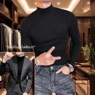 ชายเสื้อแขนยาวคอปกสูงบางหลวมแฟชั่นเกาหลีด้านในสวมใส่ด้านนอก