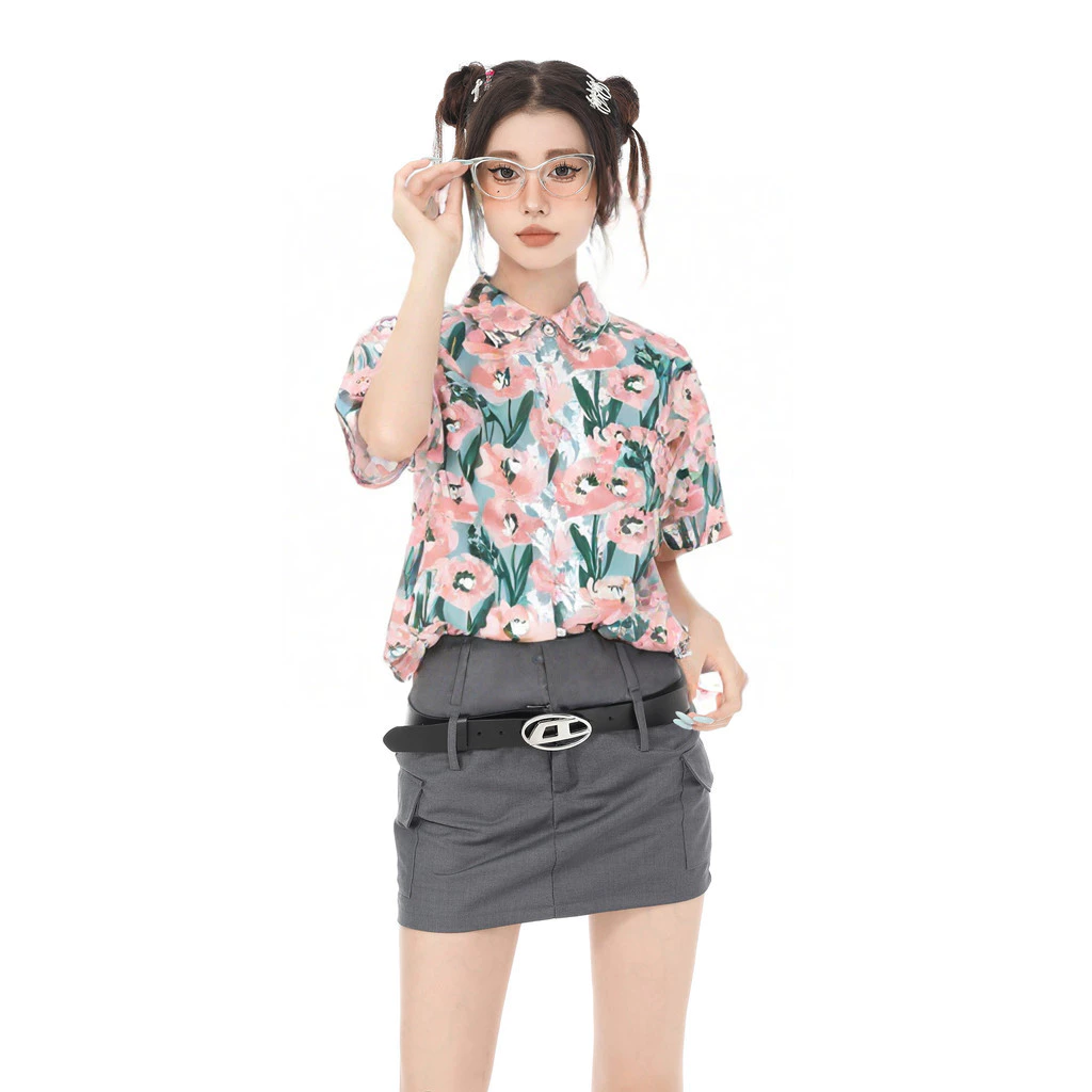 เสื้อสงกรานต์ผู้หญิง ลายดอกไม้ แขนสั้น ลายดอกไม้สีฟ้าชมพู เสื้อฮาวาย thumbnail 5