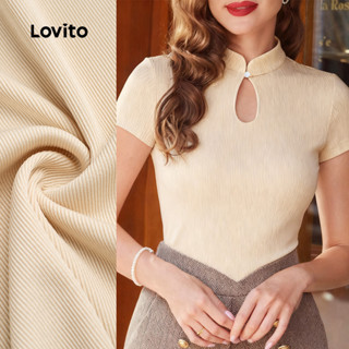 Lovito เสื้อยืดหรูหรา สไตล์จีนใหม่ ชุดกี่เพ้า ทรงหลวม เสื้อย…