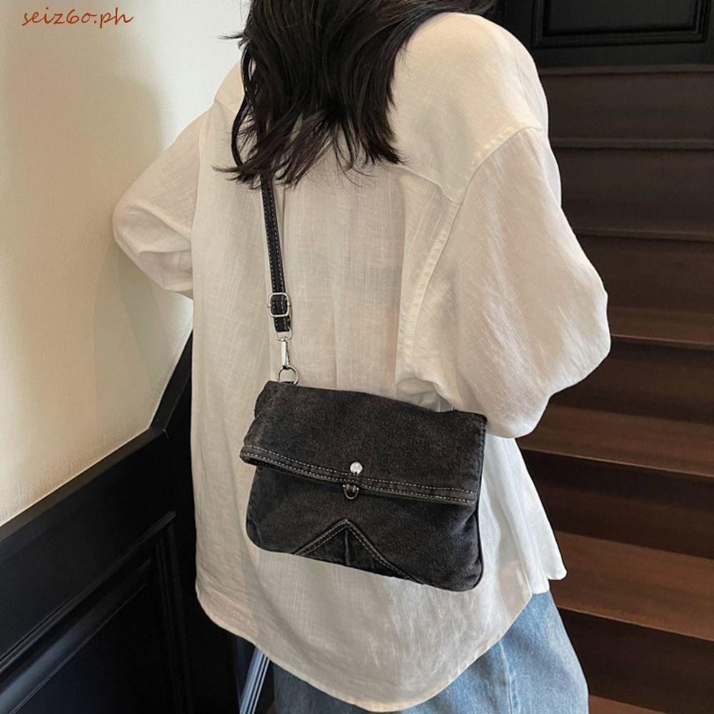 SEIZ6O Washed Denim Canvas Bag, Y2K Messenger Bag กระเป๋าถือวินเทจ, Casual Street Style Shopping Bag