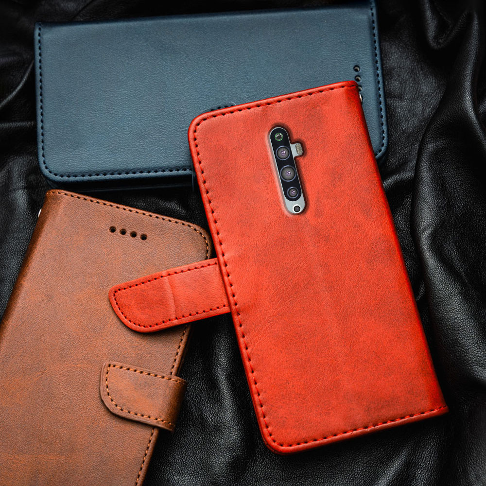 พรีเมี่ยมหรูหราหนังเคสโทรศัพท์สําหรับOppo Reno2 Z Reno2 F CPH1945 CPH1951 CPH1989 กระเป๋าสตางค์แบบพลิกด้านบนในตัวผู้ถือบัตรขาตั้งกันกระแทก