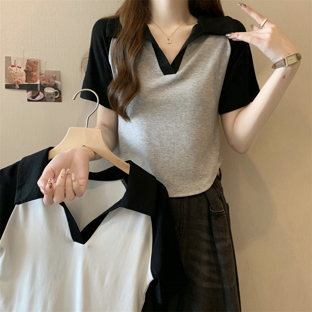 เอลอฟ253#实拍 ราคาจริง 40 นับผ้าฝ้ายแท้ 210g (92 Cotton/8 Spandex) เสื้อยืดแขนสั้นผู้หญิง Contrast Col