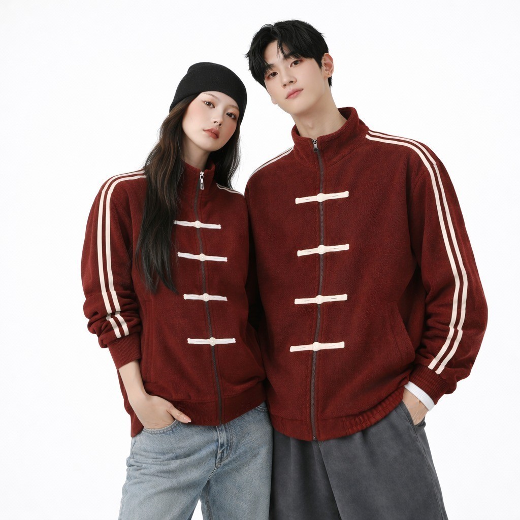 Glovera (ภาพจริง) Lunar Stripe Chinese New Year Jacket Track Jacket Fleece Chinese Knot Outer Unisex