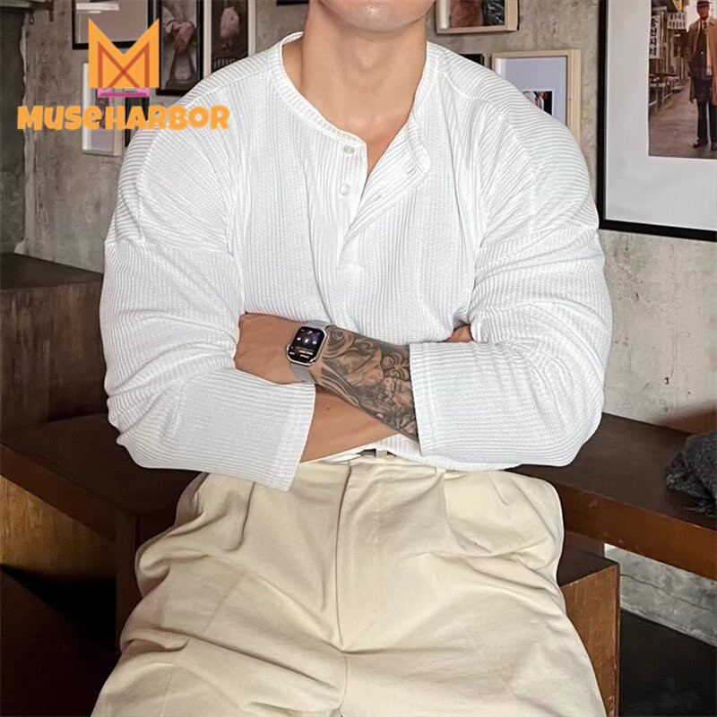 Casual Henley Shirt เสื้อยืดHenleyแขนยาวผู้ชายทรงหลวม สวมใส่ทุกวัน