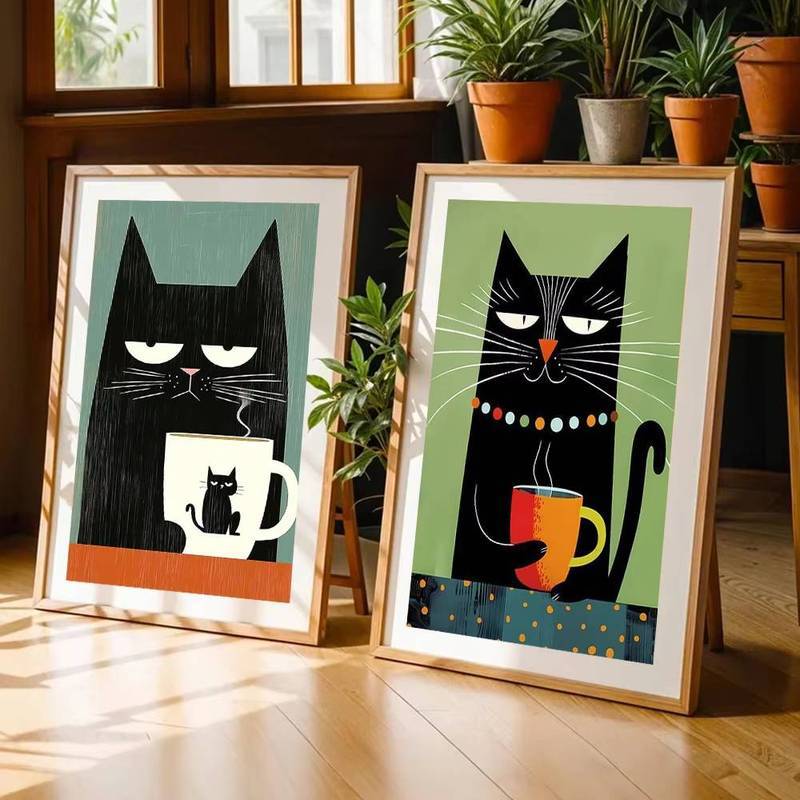Whimsical Black Cat Drink Coffee Poster สําหรับห้องนอนเนอสเซอรี่การ์ตูนสัตว์โปสเตอร์ไม่มีกรอบผ้าใบภาพวาดแมวน่ารักภาพประกอบพิมพ์ Wall Art ราคา ถูกที่สุด ดีลบีเคเค แกลเลอรีภาพที่ 2