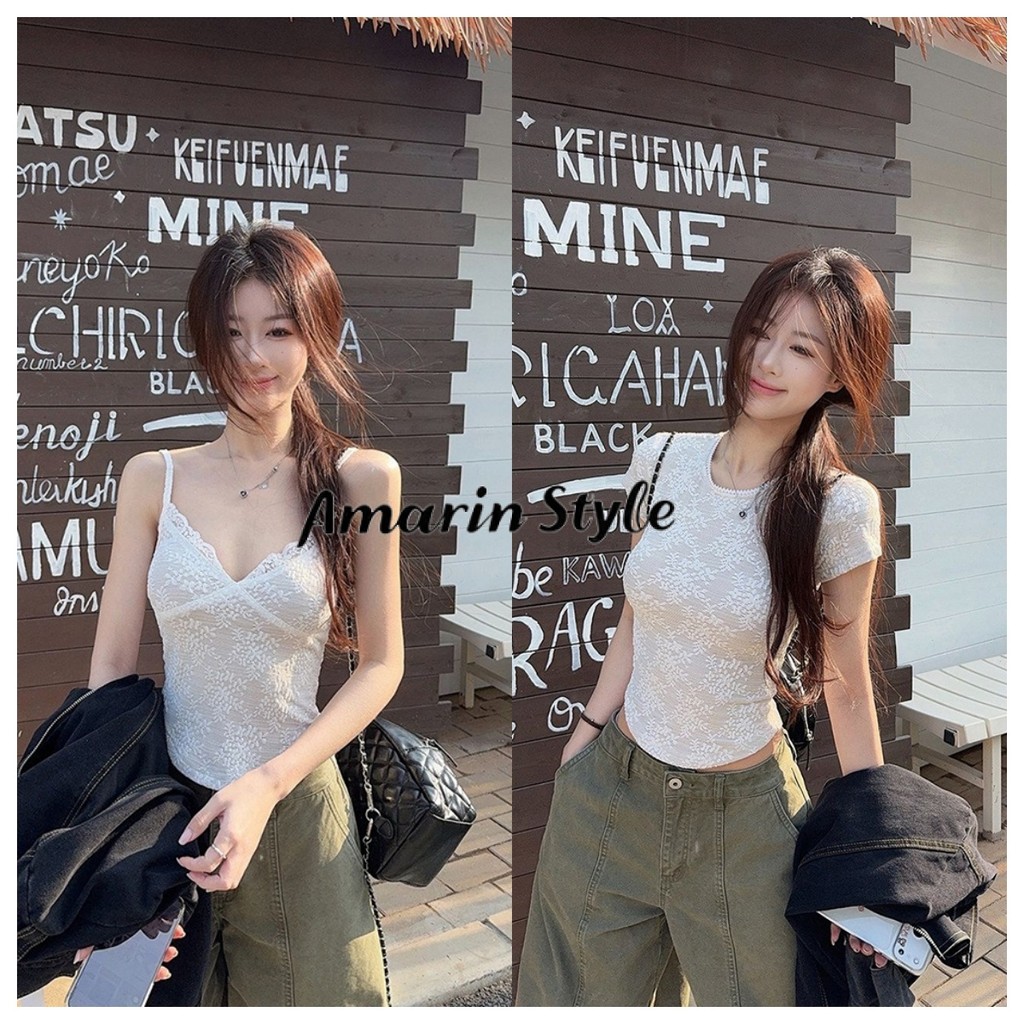 Amarin พร้อมส่ง เซ็ท 2 ชิ้น เสื้อแขนสั้น+สายเดี่ยว ลายดอกไม้ลูกไม้ สีพื้น สไตล์หวาน FY10191+FY5238