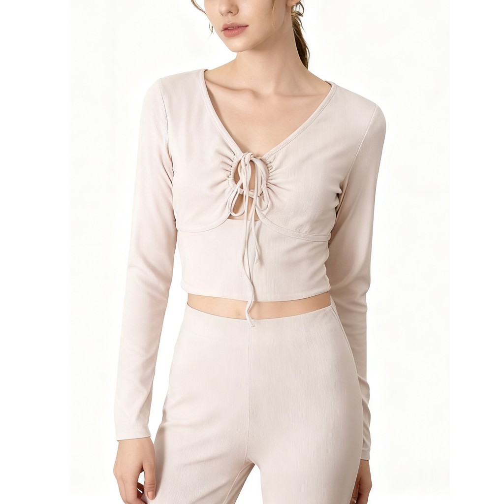 Niche Nordic fsp * Pure Color เซ็กซี่ V คอ Drawstring Laced-Up Double Hollow Slim-Fit สั้นสาวร้อนด้า