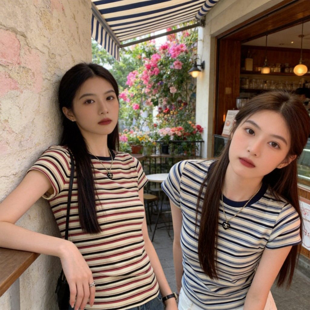 เสื้อยืด ลายทาง แขนสั้นทรงเข้ารูปสวย ช่วยเสริมสรีระให้ดูเพรียวบาง