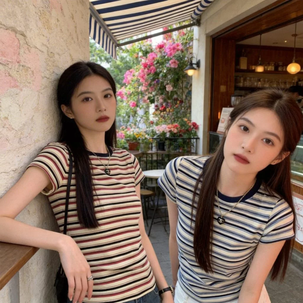 เสื้อยืด ลายทาง แขนสั้นทรงเข้ารูปสวย ช่วยเสริมสรีระให้ดูเพรียวบาง