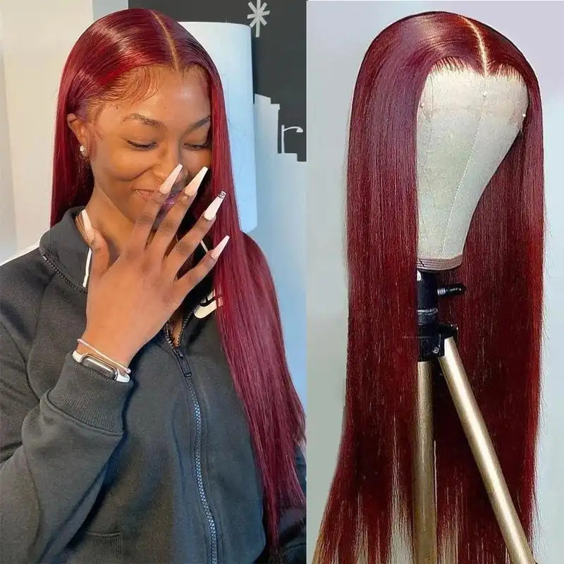 BABOSHOW Wigs 99J Burgundy Front Lace, Human Straight Hair Ready-to-Wear, Perfect for Women