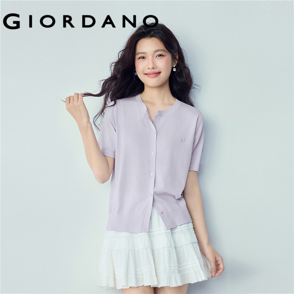 GIORDANO WOMEN Bowknot embroidered short sleeve cardigan 13356238