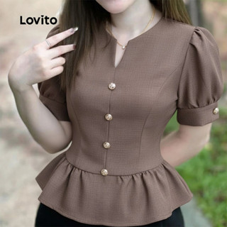 Lovito เสื้อเบลาส์ลําลองจับจีบฤดูใบไม้ผลิ/ฤดูร้อนสําหรับผู้ห…
