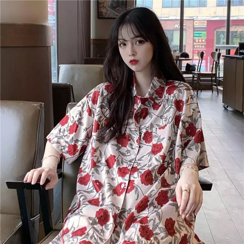 Chili Koko เสื้อแขนสั้นลายดอกไม้ทรงหลวม W367 thumbnail 8