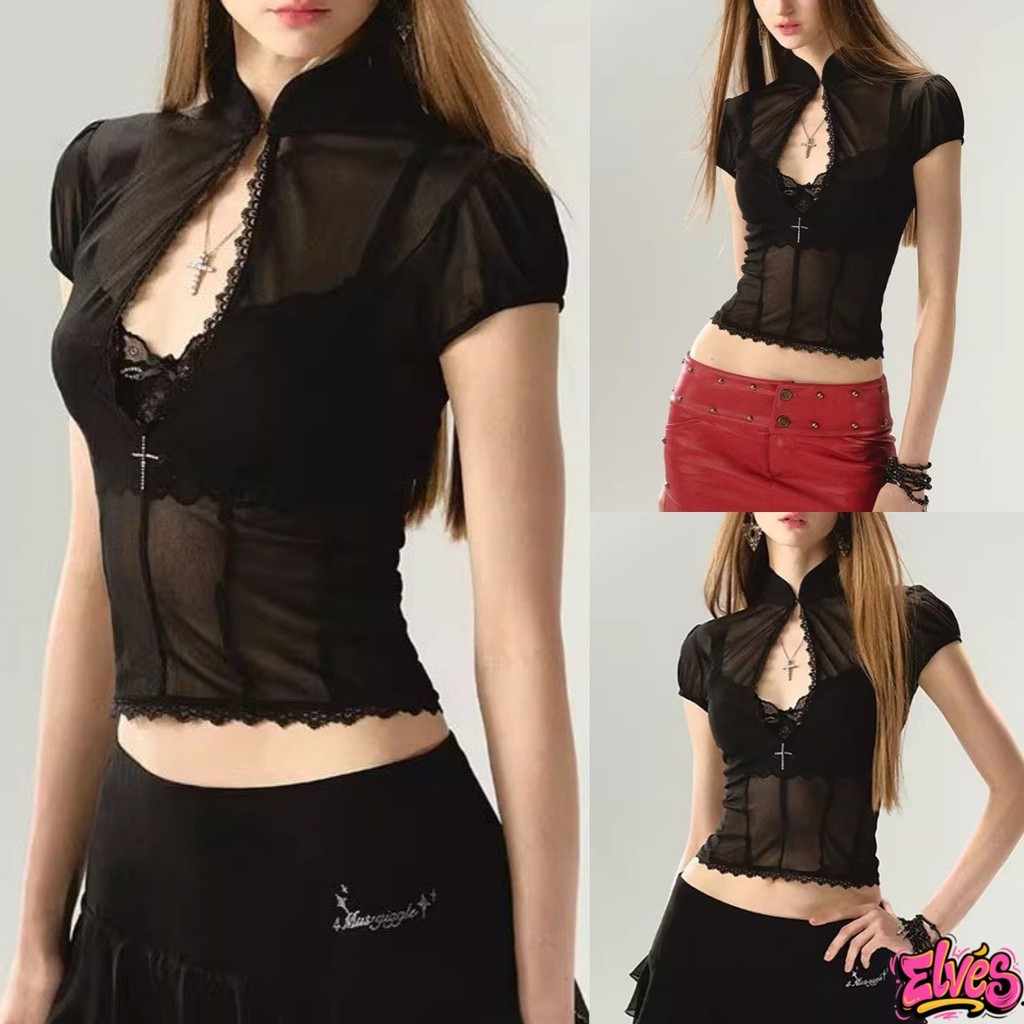 Elves พร้อมส่ง💟 เสื้อยืดครอปแขนสั้น ดีเทลเว้าหลังอยู่ ผ้าซีทรู เหมาะกับสาวเซ็กซี่ เสื้อยืดผู้หญิง"FY5072"