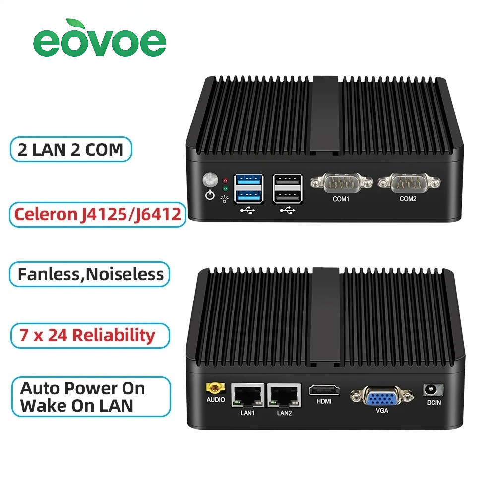 EOVOE Fanless อุตสาหกรรม Mini j6412 j4125 i5 4200U 5200U Dual LAN RS232 Win10/11 Pro Linux Ubuntu WI