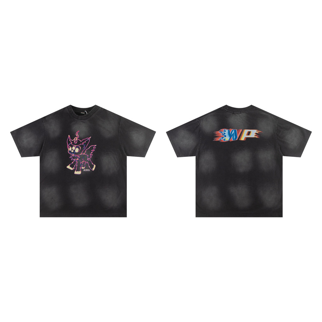 21LV wlldone moon New monster print gradient washed vintage short-sleeve shirt T Shirt