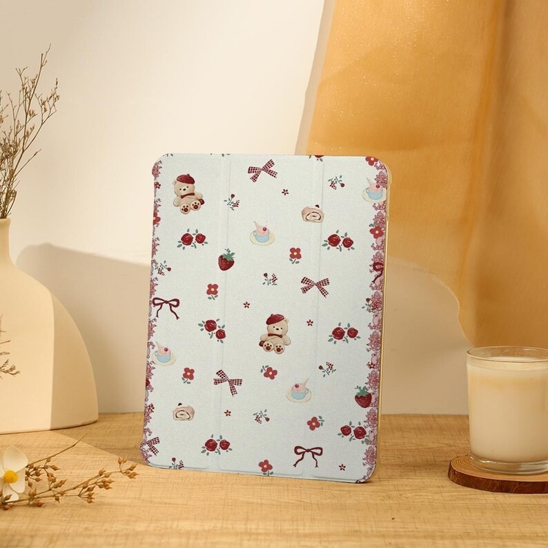 หมีและดอกไม้ เคส iPad,เคส iPad Air สําหรับ 13"/11"iPad Pro 2024,13"เคส iPad Air 6,เคส iPad mini 6,10