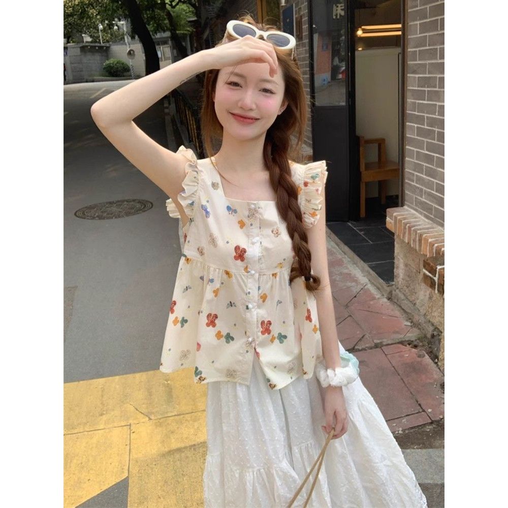 เสื้อแขนสั้นลายดอกไม้บินเล็ก เสื้อตุ๊กตาทารกโดปามีนฝรั่งเศสต้นฤดูร้อน เสื้อเชิ้ตชายร่างเล็ก ชุดไอศกรีม