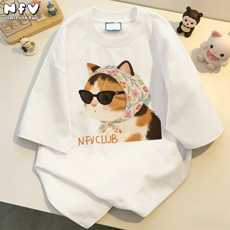 NFV ใหม่ล่าสุด✨ลวดลายลูกแมว เสื้อยืดคอกลมแขนสั้น ทรงหลวม cotton 100% ระบายอากาศได้ดีใส่สบาย YG4088
