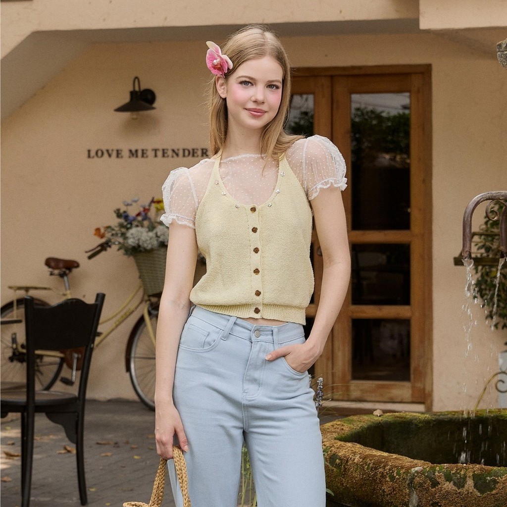 KULIMULA ผ้าถักนุ่มสบาย เสื้อครอปสีพาสเทล แขนพuffเลส สไตล์คิวท์ ครอบคอ สำหรับผู้หญิง สไตล์เกาหลี CP1