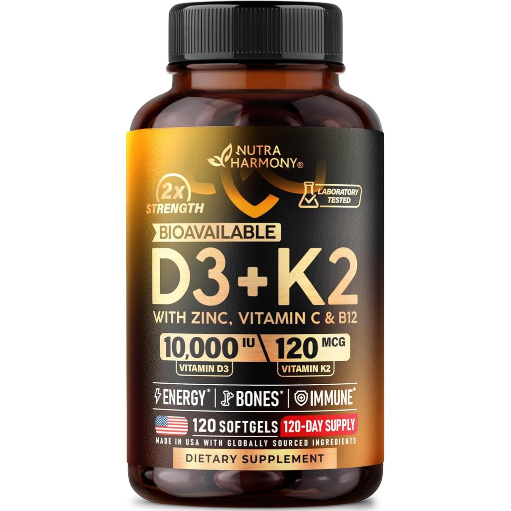 Vitamin D3 K2 - Vitamin D3 10000 iu & K2 120 mcg - Immune & Mood Support, for Bone & Teeth Health - 