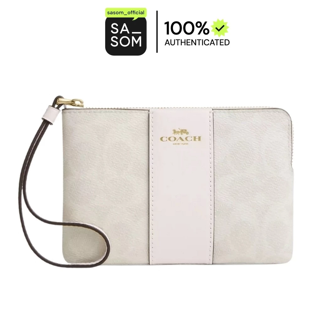 Coach Corner Zip Wristlet In Signature Canvas With Stripe White Chalk | ของแท้ ตรวจสอบโดย SASOM