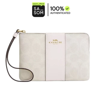 Coach Corner Zip Wristlet In Signature Canvas With Stripe White Chalk | ของแท้ ตรวจสอบโดย SASOM