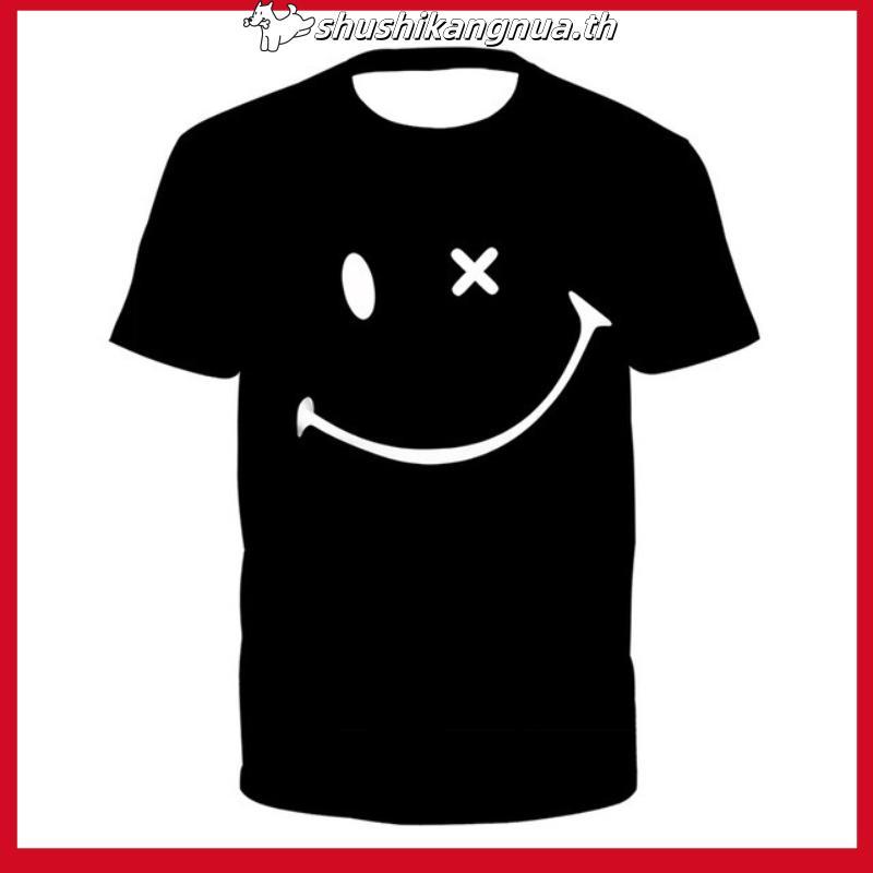 MIHARA YASUHIRO MMY ญี่ปุ่น Casual Two-Color 100% ผ้าฝ้ายพรีเมี่ยม Unisex Smiley พิมพ์ลูกเรือคอแขนสั