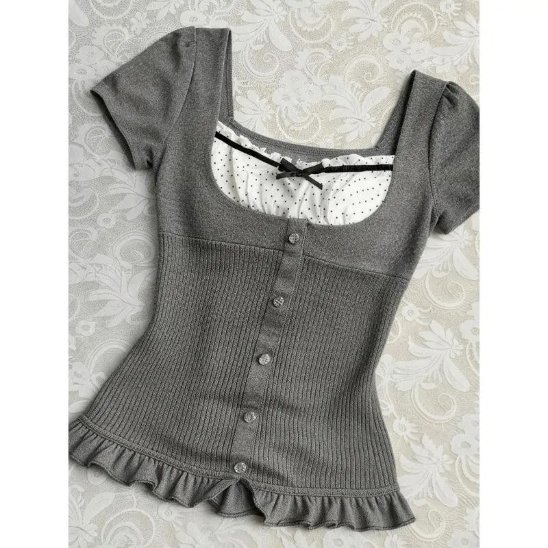 COCO-เสื้อทีหญิง เสื้อแขนสั้น ประเภทประกบ ผีเสื้อ เงื่อน ประเภทรุ่น Slim Fit หวาน สุภาพสตรี แฟชั่นสบาย ๆ