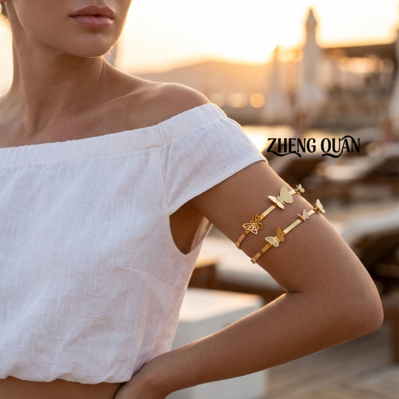 3D Butterfly Arm Cuff ปรับ Double Band Gold Upper Armlet Y2K ความงามเครื่องประดับ