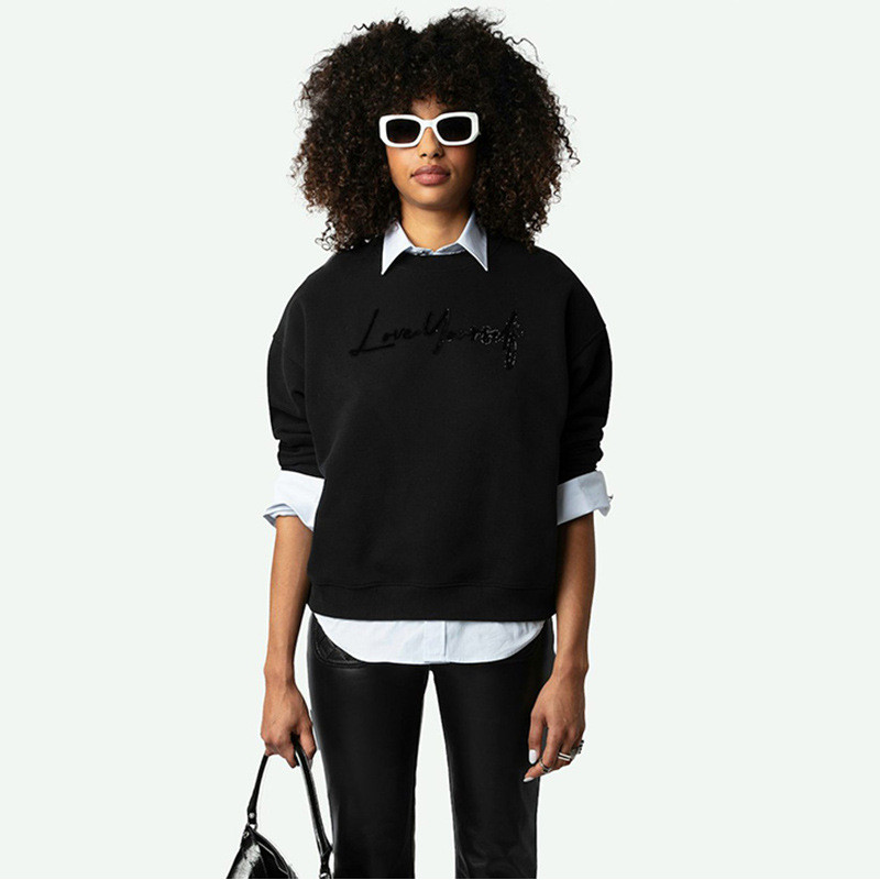 MQOZ Zadig Voltaire 24New winter French niche women's black crew neck sweatshirt with letter flockin