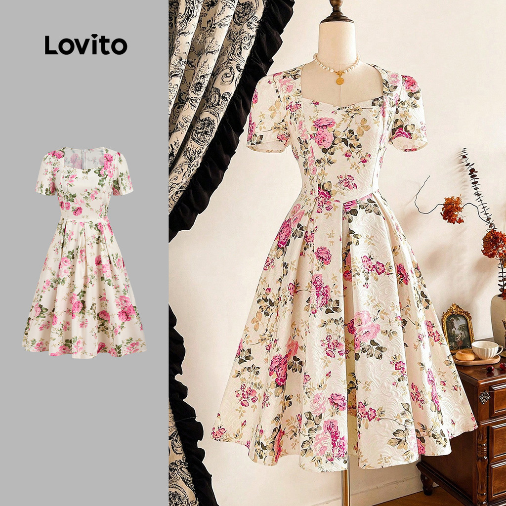 Lovito  เดรสผู้หญิงลายซิปกระโปรงพลีตสําหรับฤดูใบไม้ผลิและฤดูร้อน LBL33264 – โปรปัง