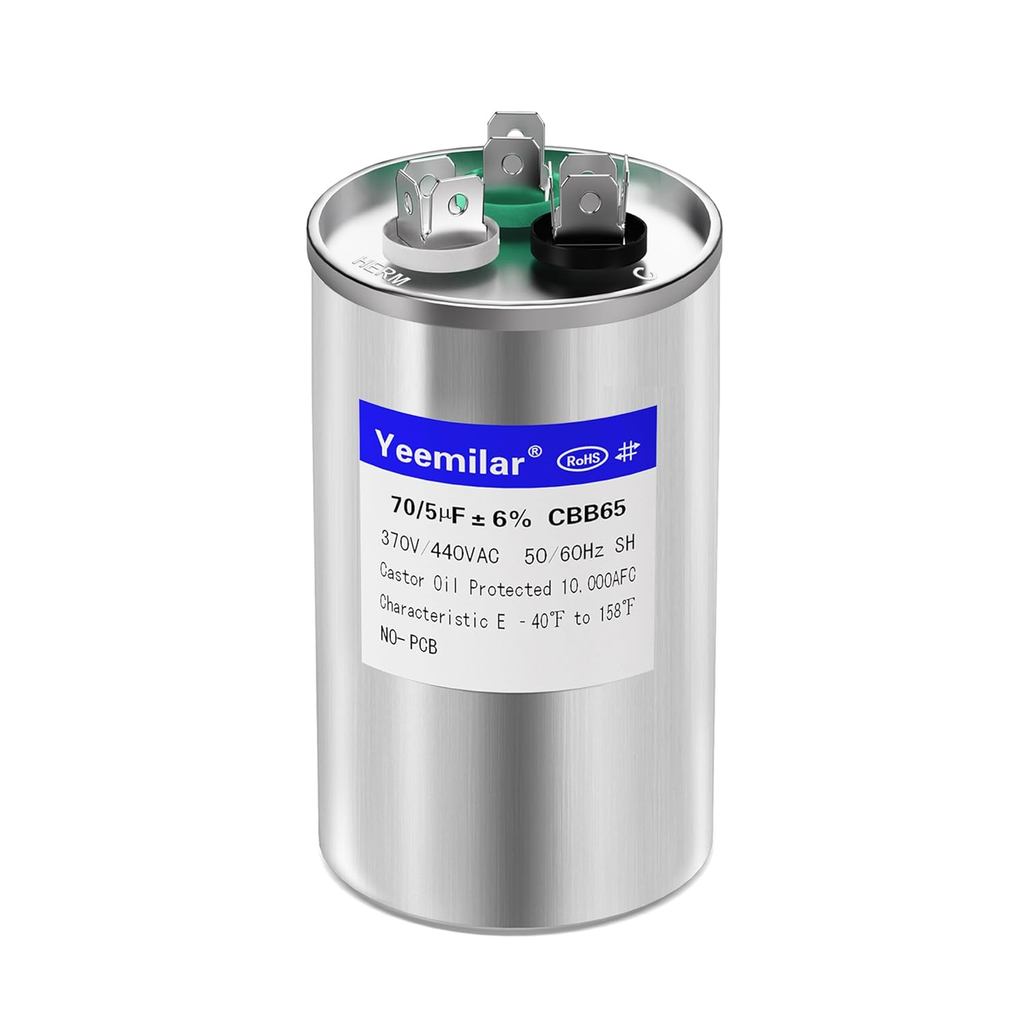 70+5 uF 70/5 MFD ±6% 370V/440V CBB65 AC Capacitor, Dual Run Round Capacitor สําหรับ HVAC มอเตอร์สตาร