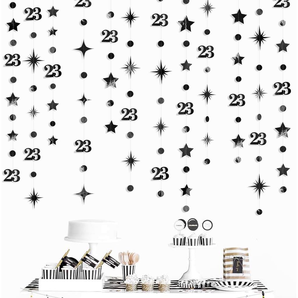 สีดํา 23th ตกแต่งวันเกิดหมายเลข 23 วงกลม Dot Star Garland Streamer แบนเนอร์ฉากหลังสําหรับผู้หญิง Men