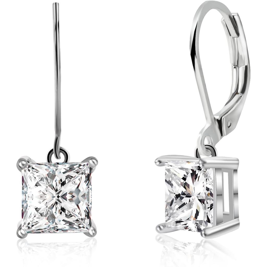 Cubic Zirconia ต่างหู Princess Cut Leverback Silver Dangle Drop เพื่อนเจ้าสาวต่างหูเพชรสําหรับผู้หญิ