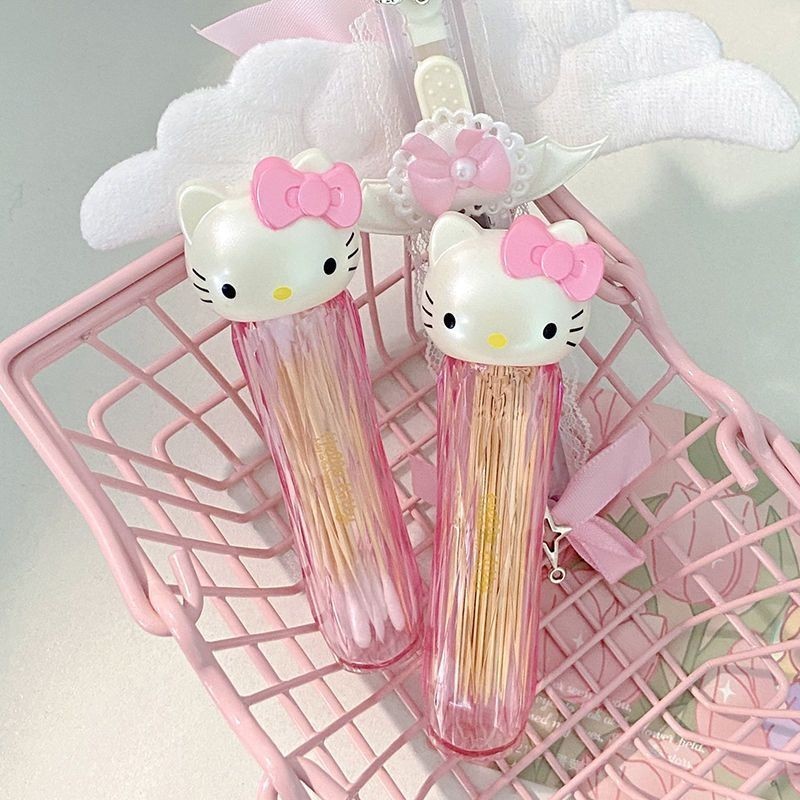 สาวหัวใจการ์ตูน KT Hello Kitty น่ารักมินิแบบพกพาแบบพกพากล่องไม้จิ้มฟันสําลีกล่องคอลเลกชัน