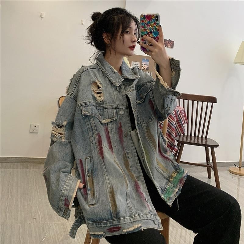 Oversize Ripped Design Denim Jacket ผู้หญิงหลวมเกาหลี bf Top