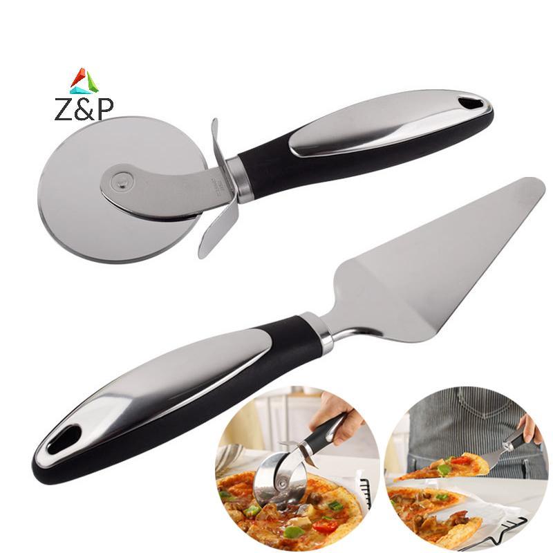 Z&P เครื่องตัดล้อพิซซ่า 2 ชิ้นและเซิร์ฟเวอร์พาย - ด้ามจับกันลื่น, เครื่องตัดพิซซ่าสแตนเลสที่คมชัด COD