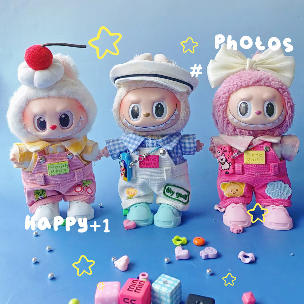 [สต๊อกพร้อมเสื้อผ้าเด็ก] 17 ซม.labubu Overalls Lychee Berry Berry เสื้อผ้าเด็ก 12th Generation labu 