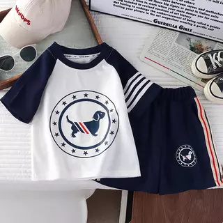 Dolemi Baby ชุดเด็ก เสื้อแขนสั้น กางเกง 2ชิ้น ขาสั้น สายสุนัข สีกรม สีดำ สีขาว ผ้าวาฟเฟิล คอตตอนผสมโพลีเอสเตอร์