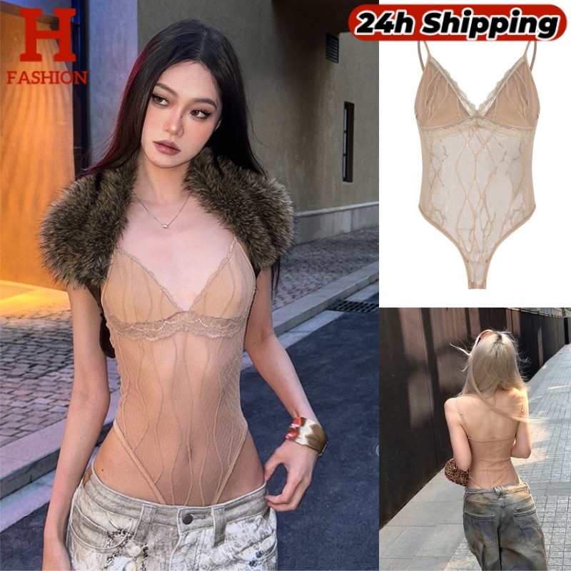 HOT 'พร้อมส่ง' เสื้อบอดี้สูท ซีทรูขอบลูกไม้ ดีเทลลายคลื่น สไตล์สาวเช็กซี่ ไม่มีฟองน้ำ FY822