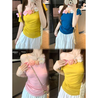 เสื้อผ้าผู้หญิงฤดูร้อนใหม่ ออกแบบสไตล์แฟชั่นฝรั่งเศส กระโปรงหยิกเอวอ่อนโยน ไหล่เปิด สลิม핏