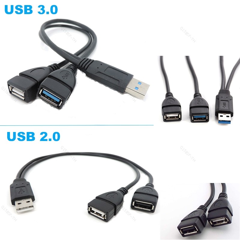USB2.0 ชาย 2Dual USB หญิง splitter คู่ USB 2.0 3.0 Extension A-Male ชาย 2 A-Female หญิง Y สาย Power 