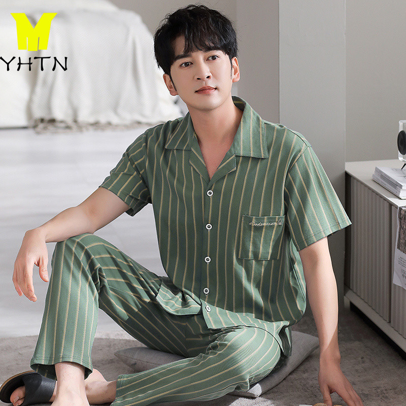 YHTN ชุดนอนแขนสั้นผ้าฝ้ายแท้สำหรับผู้ชาย ออกแบบให้ใส่สบายในฤดูร้อน มาพร้อมกางเกงคาร์ดี้แกน ชุดนอนผู้ชาย