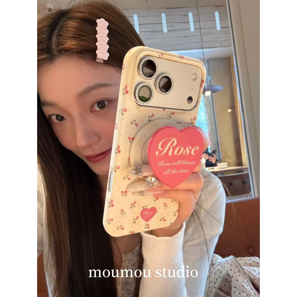 เคสแม่เหล็กน่ารักครึ่งครอบคลุมเคสแข็งเกาหลีIns All-over Roseกรณีฟิล์มที่ถอดออกได้แม่เหล็กสําหรับIPhone 17 Pro Max 16 Pro 15 14 Pro