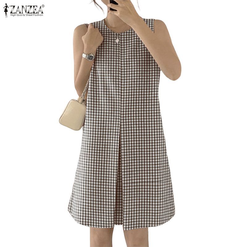 ZANZEA กระโปรงเช็กเกอร์ลายสก๊อต สไตล์เกาหลียอดนิยม แขนกุด V-neck ทรง A-line